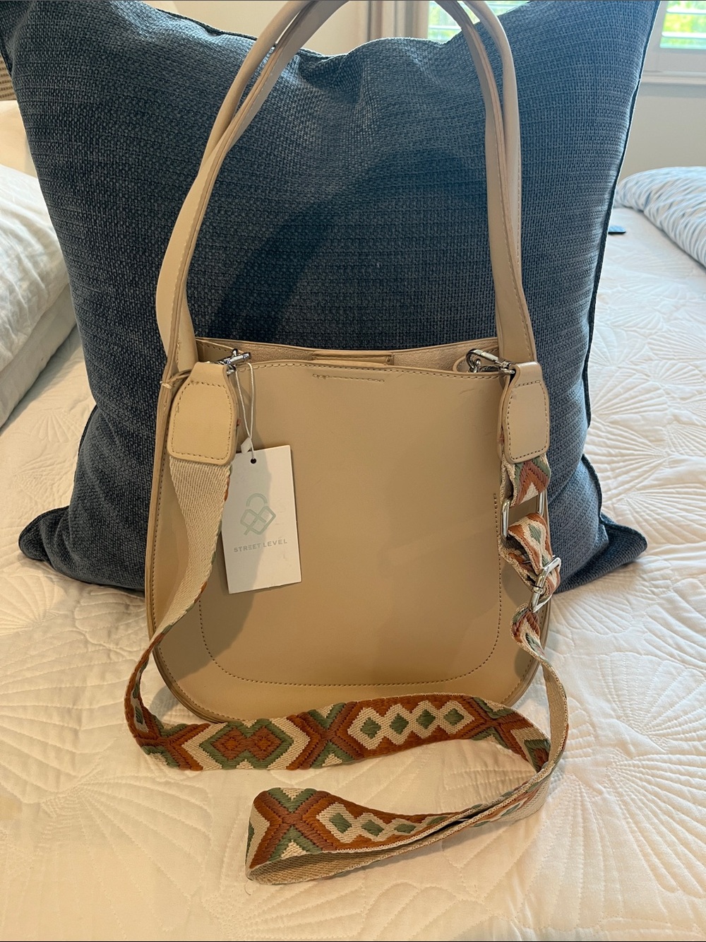 Street Level Beige Shoulder Bag with Patterned Removable Strap